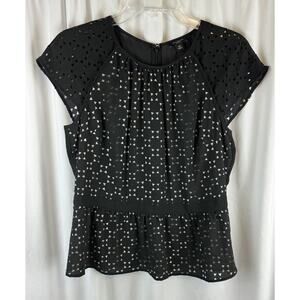 Ann Taylor Laser Cut Peplum Top Black Ivory 8 P Dark Academia Preppy work 65-00